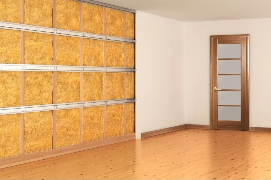 Wall with acoustic insulation before lining