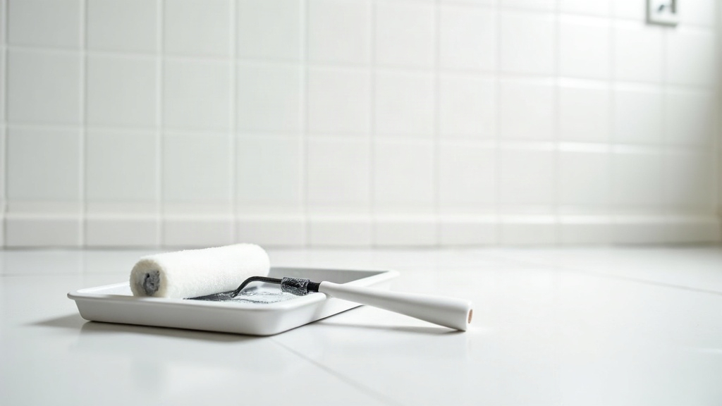Paint roller and tray in a bathroom, ready to repaint the ceiling